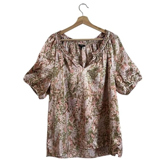 Talbots Blouse Size XL Pink Olive Printed Satin Sheen Notch V Neck Ruffle Trim - Picture 1 of 6